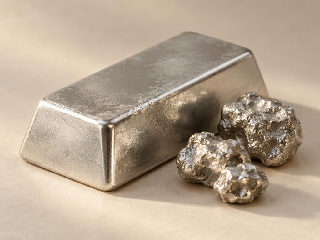 A platinum ingot with rough platinum nuggets on a warm cream surface