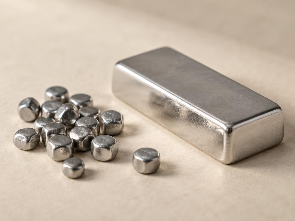 A rhodium bar with cool blue-grey rhodium pellets on a warm cream surface